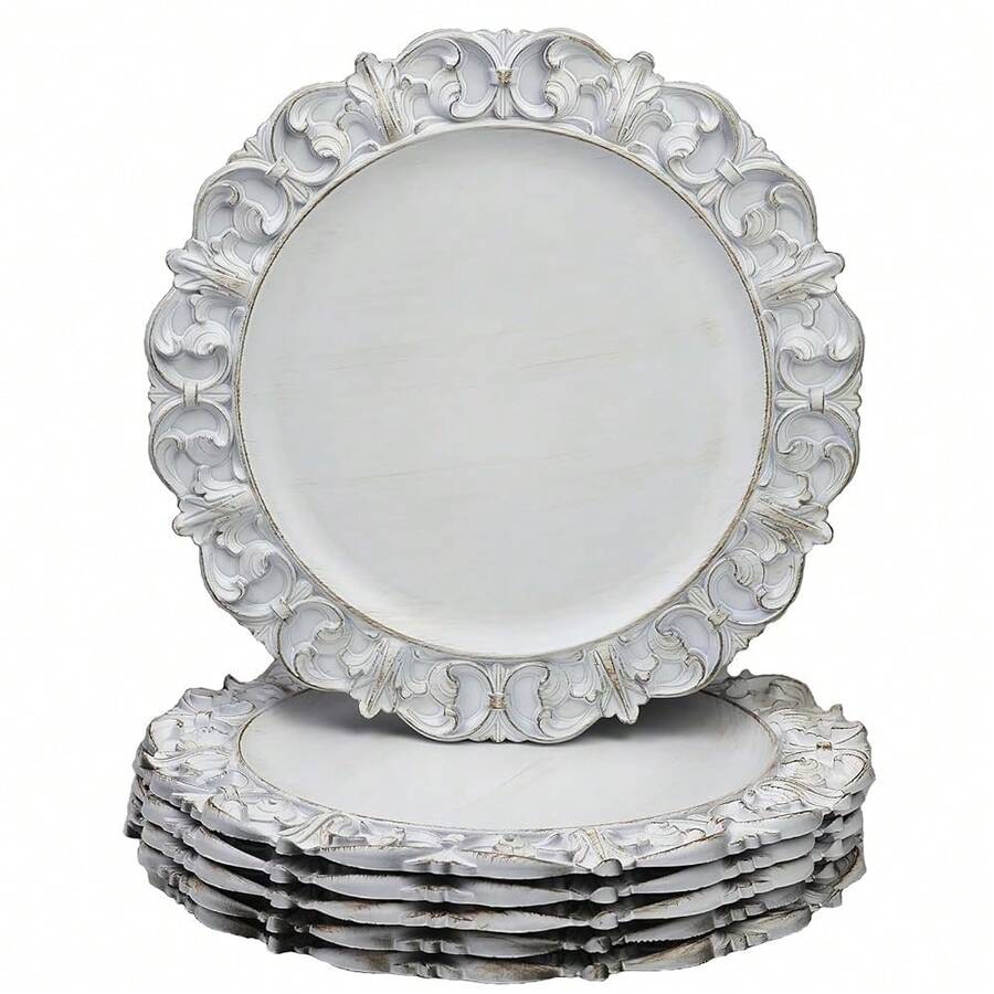 13\ Antique White Charger Plates, Set Of 6 Plastic Textured Chargers For Dinner Plates With Embossed Rim, Table Décor, Party, Wedding, Holiday - FD03W - View 1