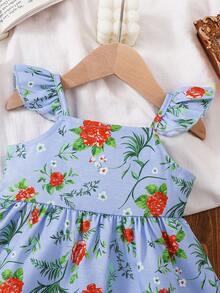 女婴夏季两件套，蓝色玫瑰印花吊带背心+配套荷叶边短裤，可爱清新 - 藍色 - 查看 5