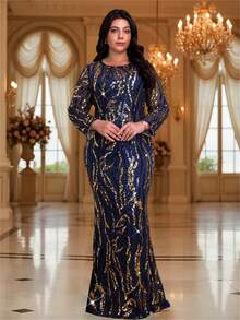 Romagic Elegant Long Sequin Evening Gown, Round Neck, Black & Navy Blue - Navy Blue - View 1