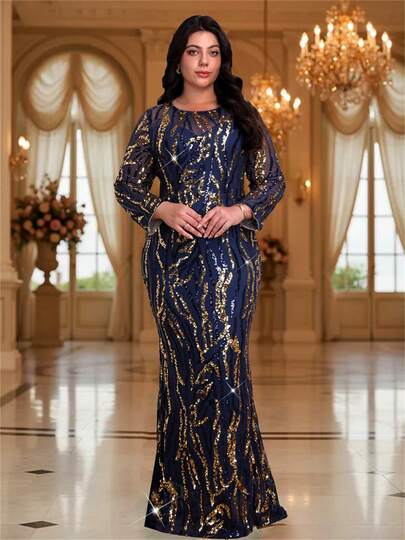 Romagic Elegant Long Sequin Evening Gown, Round Neck, Black & Navy Blue