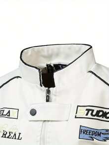 Men's Fashion PU Leather Jacket, With Motorcycle Racing Pattern, Breathable Stand-Up Collar, Zipped Long Sleeves, Side Pockets - Ideal Choice For Spring And Autumn, Autumn Jacket | Pattern PU Leather Jacket | Flexible Fitting Jacket, New Windproof Jacket With Pockets, Suitable For Casual Daily Wear, Outdoor Activities, Street Style, Stylish And Chic Jacket For Autumn And Winter Leisurewear. - 白色 - 查看 3