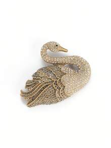 Vintage Distressed Copper Plated 18K Gold Holiday Women's Accessory, Colorful Feather Swan Rhinestone Glass Brooch Pin, Scarf Clip - Bronze - View 9