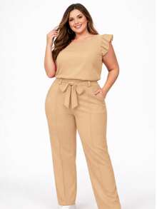 Elegant Plus Size Social Set In Dune Crepe, Casual Style With Drawstring Pockets, For Office Or Home. - Khaki - View 5