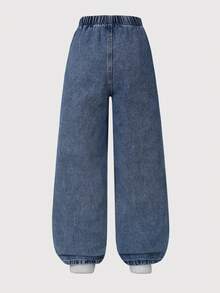 1 件女童休闲百搭直筒牛仔裤，带有小猫图案，Y2K 街头风格 - 中等水洗藍 - 查看 2