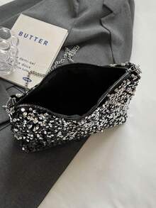 1pc Zipper Closure PVC Sequin Shiny Shoulder Bag, Fashion Chain Strap Clutch Purse, Suitable For Women Party, Date, Evening Use - Silver - View 4