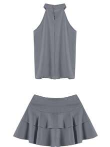 Bộ 2 món gồm áo tank top không tay cổ yếm và chân váy xếp ly cho nữ, thích hợp cho mùa hè. - Bộ đồ hai mảnh màu xám - Xem 8
