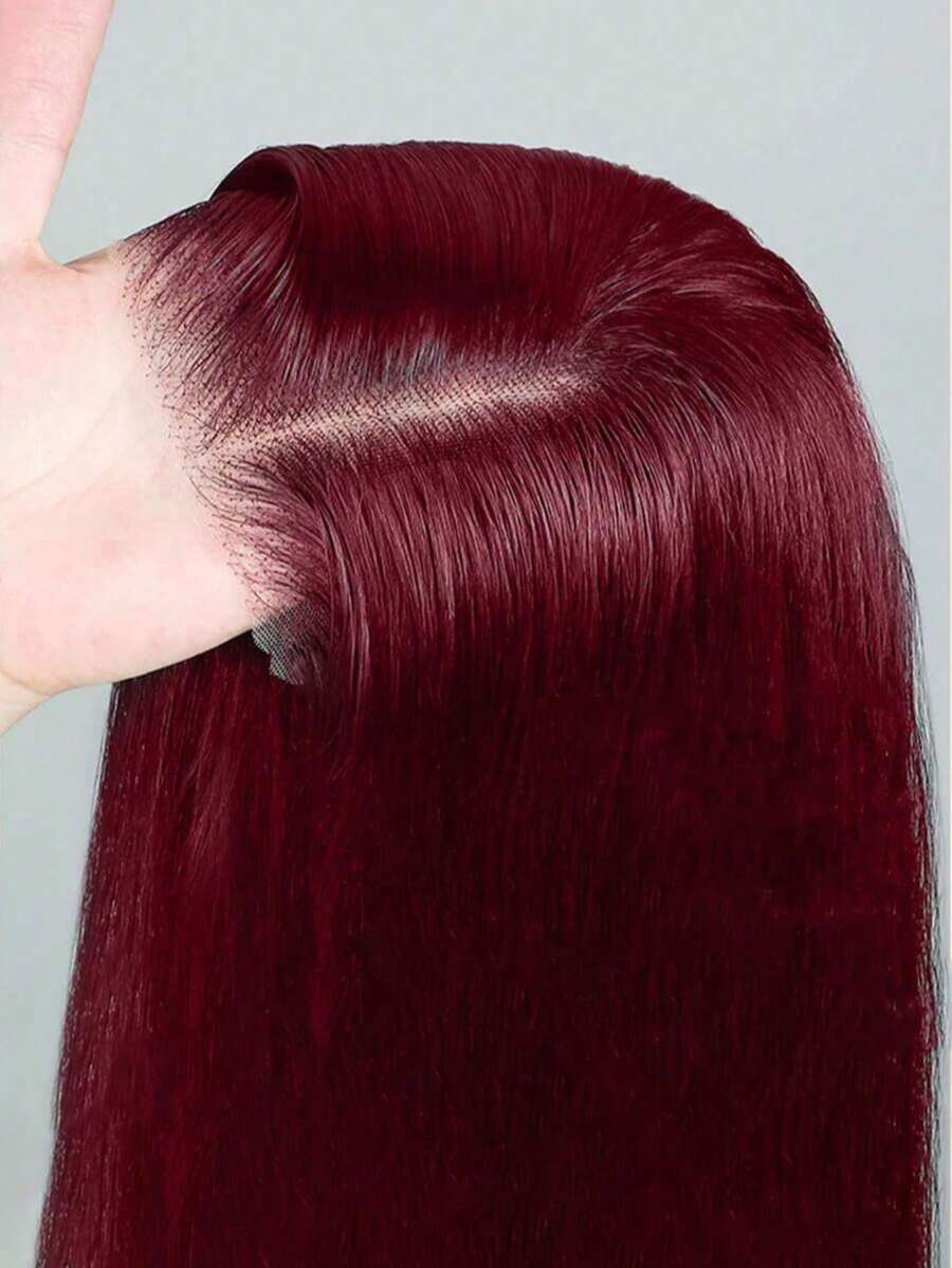 99J 酒红色蕾丝前假发，巴西 Remy 真人发，直发，预先拔毛的发际线，5x5 透明蕾丝闭合假发，酒红色，女士款，150 密度 - S99J - 查看 1