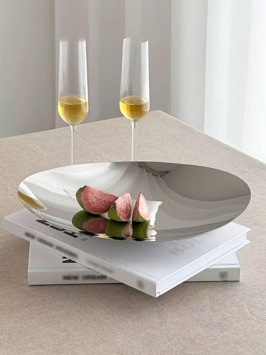 1 Stück nordischer Stil Edelstahl Obstplatte, hochwertige Dessertschale, elegante Nachmittagstee Süßigkeiten Platte, Zuhause Snack Serviertablett, Luxus Wohndekoration, Kaffeetisch Obstplatte, Aufbewahrungstablett - Silber - Übersicht 1