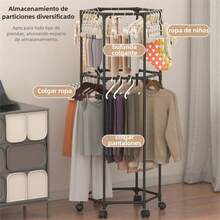 Perchero de Pie Hexagonal Giro, Perchero para Dormitorio, Cuerda de Secar Ropa Interior, Organizador Móvil de Ropa y Sombreros, Doble Capa y Desmontable - Negro - Ver 3