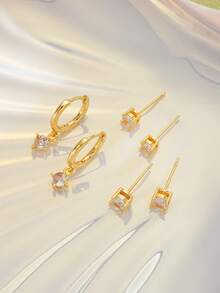 6pcs Fashionable Copper Zirconia Gold Tone Earrings Set, Mixed Design Earrings Studs Hoops Pendants, Versatile Gift For Women, Birthday, Vacation, Party, Daily Wear, New Year, Valentine's Day - Gold - View 10