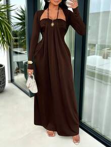 AIJ Spring Summer New Arrival Chic Dark Brown Two Pieces Set: Strapless Ruched Maxi Dress With Long Sleeve Cardigan - Date Night/Evening Party/Cocktail Elegant Outfit - Brown - View 1