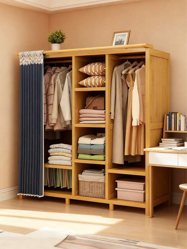 Armario Abierto de Madera con Cortina ,Organizador de Ropa Multiestante para Dormitorio ,Perfecto para 2026