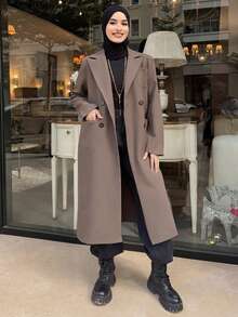 Livesso Double Breasted Lapel Neck Longline Coat,Fall Clothes Women Jacket - Chocolate Brown - View 2