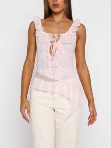 Women Y2K Lace Sweetheart Ruffle Tie Front See Through Asymmetrical Hem Sleeveless Crop Top Going Out Party Club Top - Hồng - Xem 2