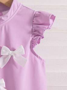 Girls' Casual Solid Color Bow Decor Stand Collar A-Line Knee-Length Dress With Back Keyhole Design, Spring/Summer - Purple - View 7