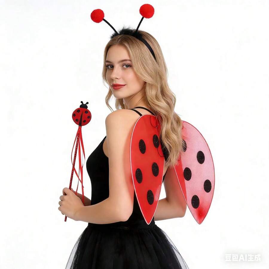 3pcs/Ladybug Wings Costume Set - Red And Black Polka Dot Design, With Black Antennae And Red Tassels, Perfect For All Kinds Of Carnivals, Christmas And Theme Parties. - Red - View 1
