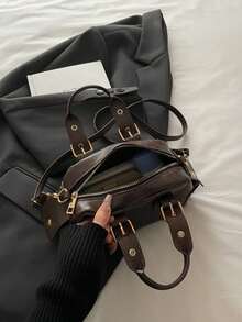 Women's Fashion Chic Motorcycle Style Mini Boston Handbag, Shoulder & Crossbody Bag - Coffee - View 9