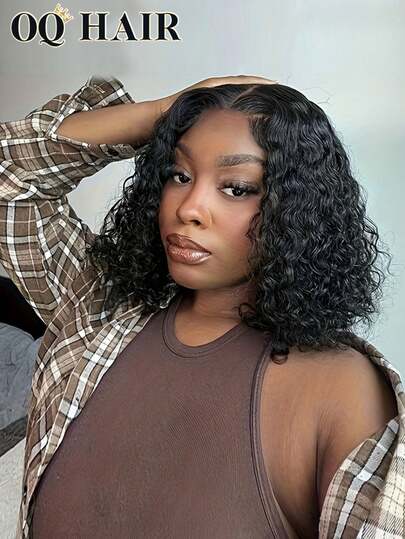 OQ 200% 密度 10-16 英寸深波浪波波头免胶假发，7x5 透明蕾丝前额假发，自然黑色，预拔发际线，适合新手佩戴，无需胶水，100% 真人发丝，透气帽，轻盈舒适，适合日常佩戴，掉发极少，可打造办公室、万圣节、派对、Y2K、叛逆、度假、户外、角色扮演、学校、节日、圣诞节、婚礼等多种造型，适合女性佩戴。