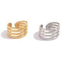 2pcs/1pc Geometric Line Open Ring, 18k Gold-Plated Stainless Steel Ring, Women's High-End Fashion Temperament Ring, 304 Stainless Steel Ring, Simple And High-End Style Personalized Jewelry Holiday Gift/Daily Matching Versatile Design, Suitable For Daily Gatherings And Parties, Perfect For Girlfriends And Wives To Wear - Multicolor - View 5