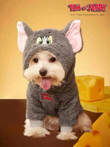 TOM & JERRY X PETSIN 1件汤姆猫刺绣3D耳朵装饰可爱双面毛绒材质保暖舒适连帽狗帽衫汤姆猫cos帽衫 - 灰色 - 查看 3