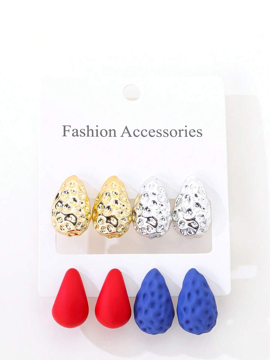 4 Pairs Fashionable Versatile Water Drop Shaped Earrings, Suitable For Daily Wear, Festivals And Parties - Multicolor - View 1