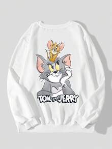 Men's Casual Tom & Jerry Letter Print Graphic Crew Neck Long Sleeve Sweatshirt, Spring/Autumn - White - View 1