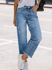 Quần ống đứng rộng rãi, co giãn, màu xanh nhạt bạc màu, kiểu dáng thời trang thu đông dành cho nữ, dài đến mắt cá chân 7/8, phong cách thường ngày mùa xuân. - Màu xanh nhạt đã được giặt - Xem 5