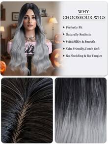 24英寸渐变黑灰长卷发假发，女士适用 - 耐热合成纤维，外观自然，适合日常佩戴、家庭聚会、节日、派对、角色扮演、情人节等场合。 - 漸變灰色 - 查看 8