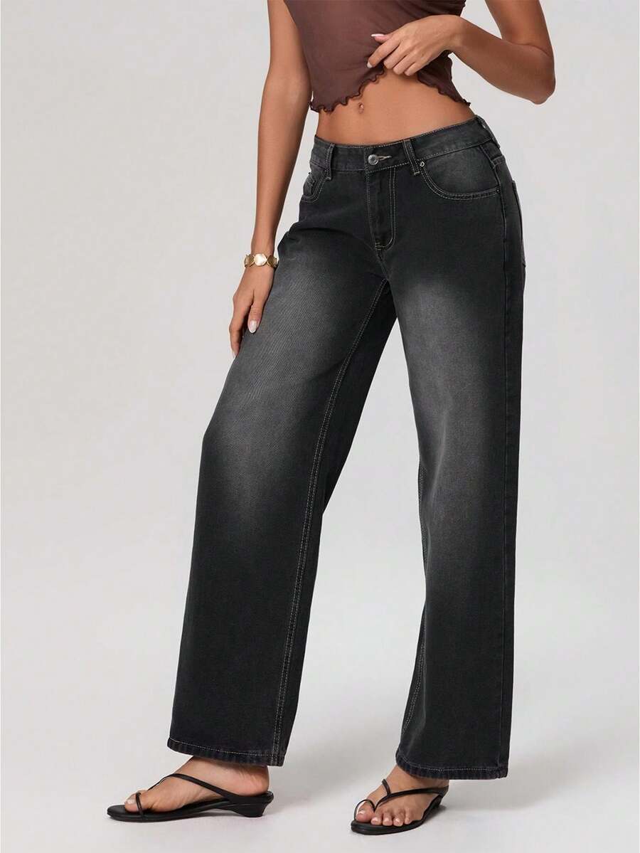 Women Casual Low Rise Jeans Fashion Loose Straight Leg Denim Pants With Pockets For Summer Spring - Flint Stone - View 1