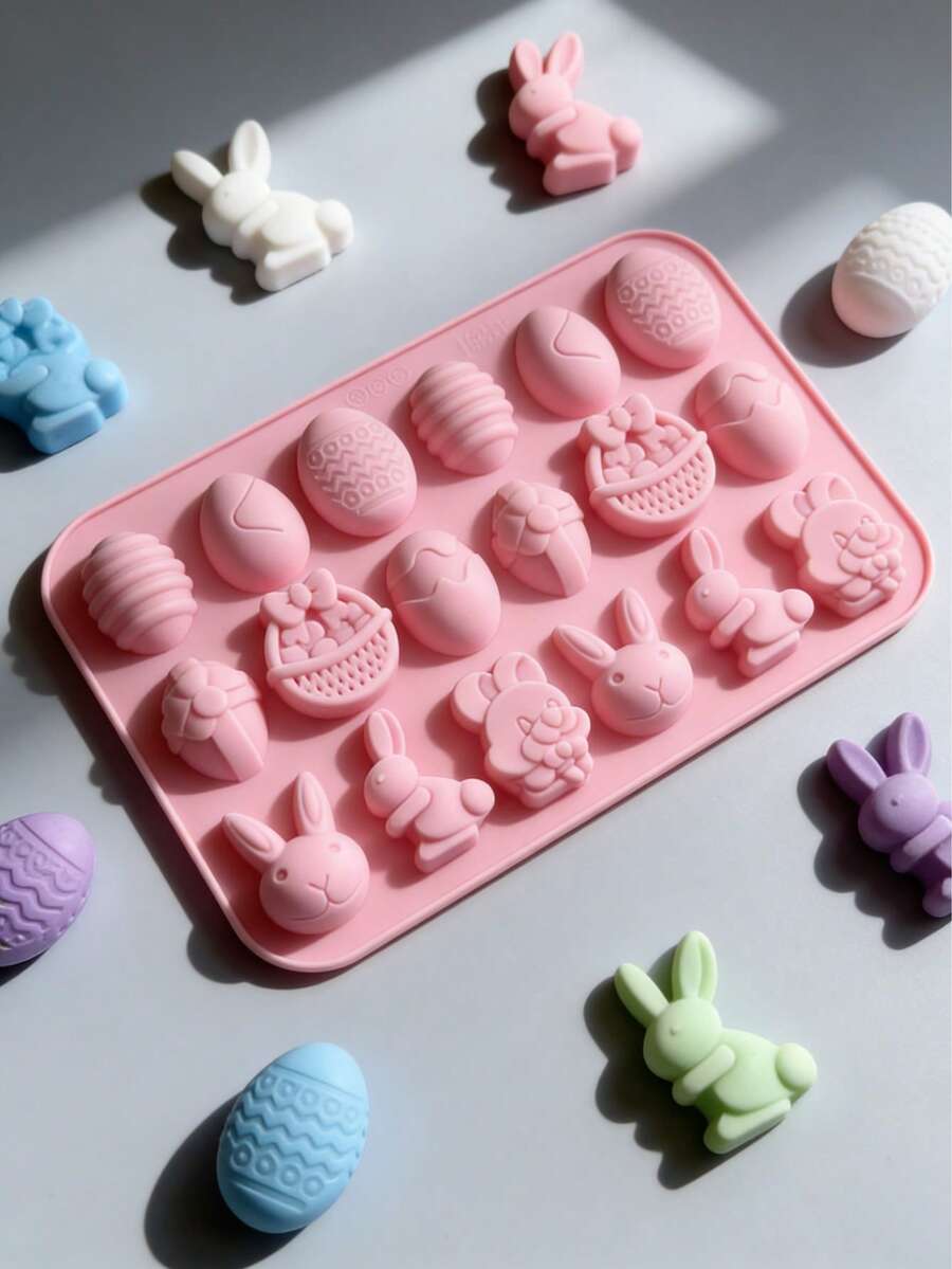 1/2 Set Silicone Easter Chocolate Mold, 18 Cavities Silicone Mold With Basket, Egg And Rabbit Shapes, Suitable For Easter Candy, Gummy, Pudding, Jelly, Soap, Cupcake Decoration - Multicolor - View 1