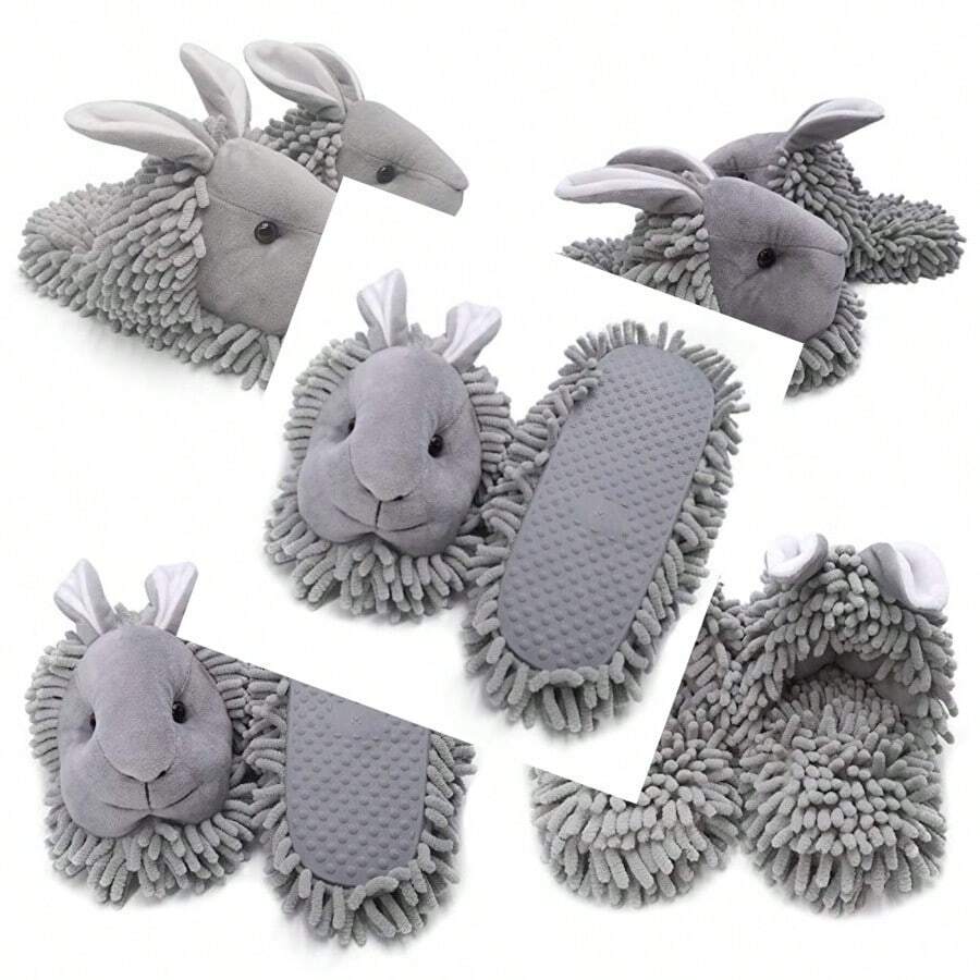 ofoot Pantuflas cálidas y peludas para mujer zapatos de animales lindos antideslizantes suela de goma impermeable overol conejo koala zorro búho gato león conejo gorila - Conejo gris. - Ver 1