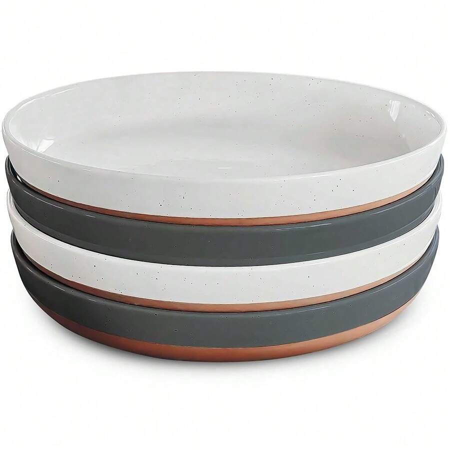 Mora Ceramic Flat Pasta Bowl Set Of 4-35oz, Microwave  Plate With High Edge - Modern Dinnerware For Kitchen And Eating, Large Wide Bowls/Plates For Serving Dinner, Salad, Etc- Vanilla & Charcoal - Vani & Than củi - Xem 1