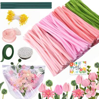 バレンタインデー チェニールステム フラワーアートキット 393個セット、手作りフラワー 特殊チェニールステム、パイプクリーナー200本、グリーンフラワーステム10本、テープ1巻、パールイエローフラワースタメン約150個、パール約30個、リボン1本、グリーティングカード1枚、母の日ギフト