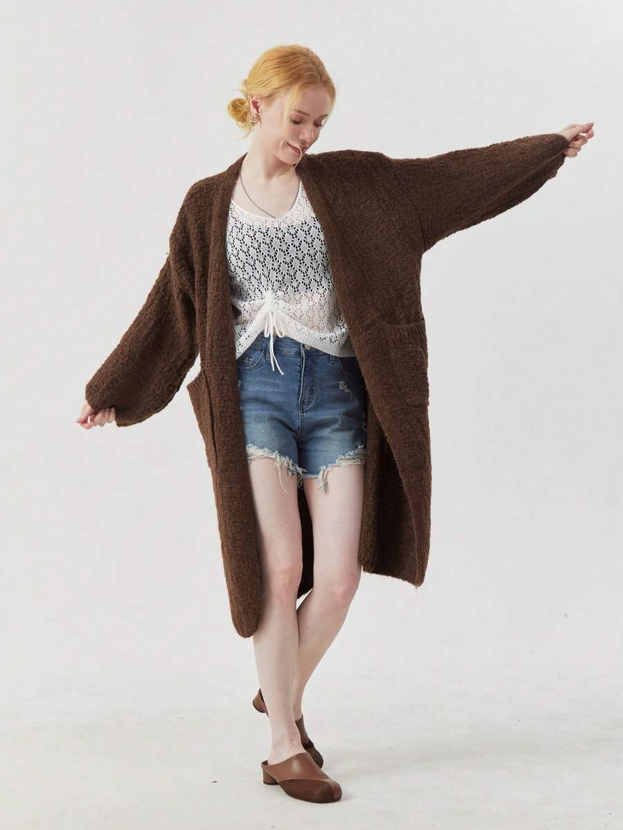 女士优雅涤纶针织长款开衫，长袖，大口袋，不对称下摆 - 棕色 - 查看 1