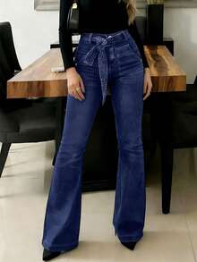 GILIPUR Y2K 女士高腰喇叭牛仔裤，配腰带，弹力修身，深蓝色水洗长裤，优雅休闲下装，欧美街头风，适合春夏度假穿着 - 深色水洗藍 - 查看 10