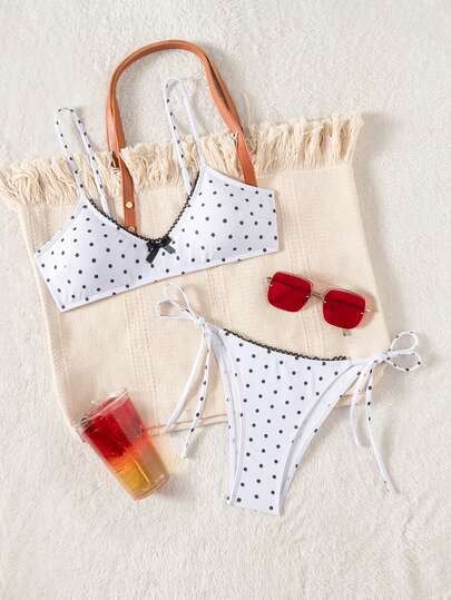 Polka Dot Print Bow Decor Bikini Set, Vacation & Beach Summer