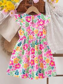 Vestido con estampado floral y cuello cuadrado para niñas, diseño alegre y elegante, adecuado para uso diario, fiestas o festivales, cómodo y de moda - Multicolor - Ver 9