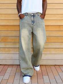 男士复古宽松阔腿牛仔裤，破洞毛边裤脚，休闲街头风，适合所有季节 - 芥末黃 - 查看 3