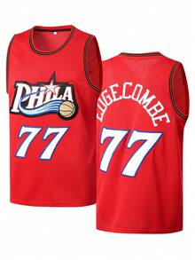 男士篮球服，红色77刺绣休闲运动背心，圆领无袖训练背心 - 紅色 - 查看 1