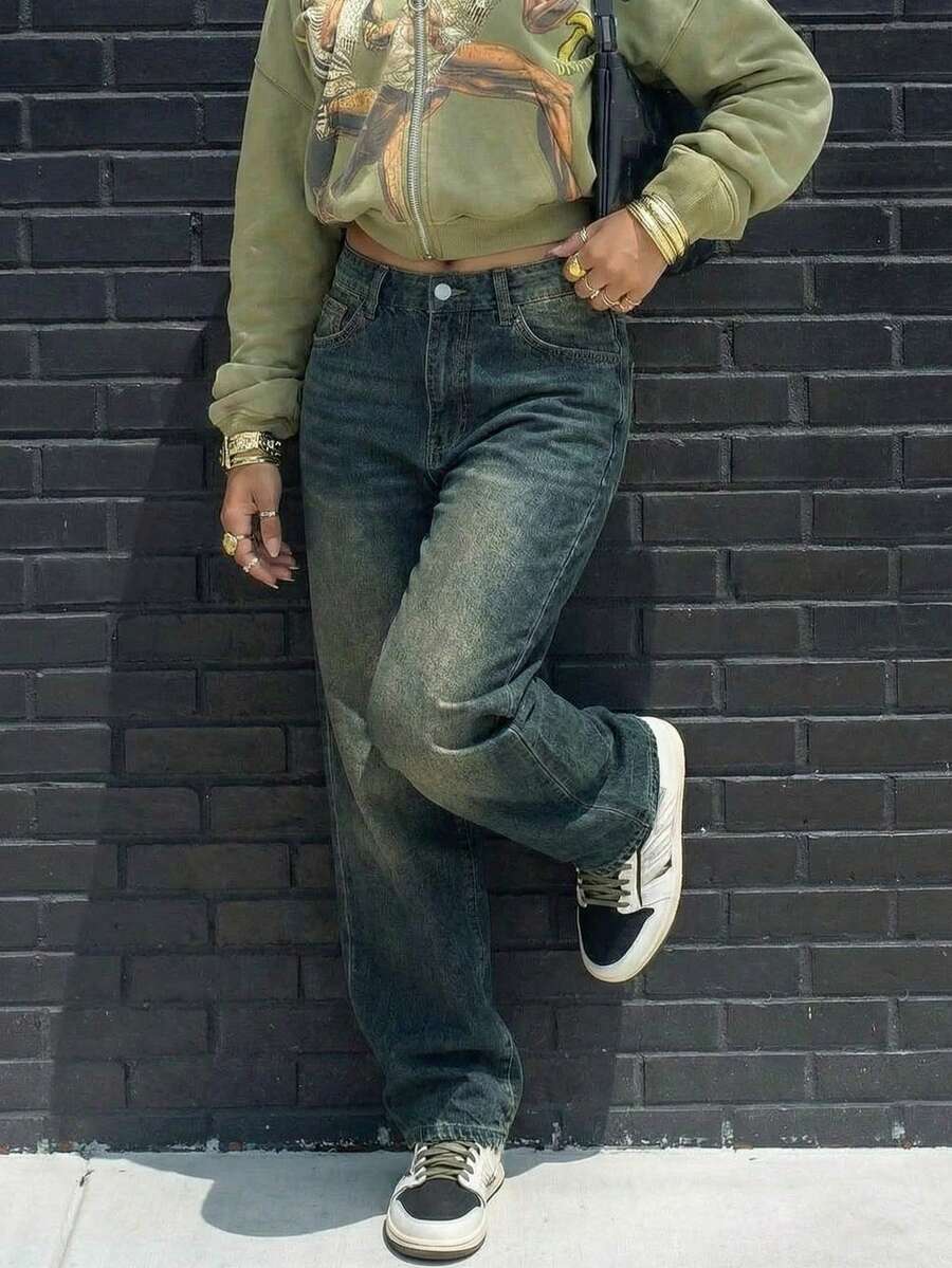 Women's Straight Leg Non-Stretch Denim Pants With Cat Whisker Details, Casual - Navy Blue - View 1