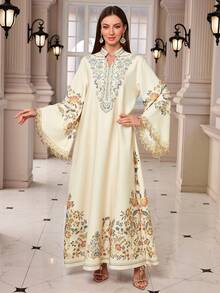 中东新款V领长袖流苏复古印花水钻装饰长袍 - 杏色 - 查看 1