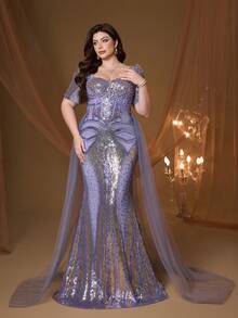 Robe Mgiacy grande taille pour femmes avec manches de sirène en sequins violets et décorations de perles, élégante pour les dames en été, mariage, bal, fête, vacances et festivals de printemps - Prune - Voir 3
