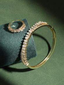 rakol Set de 2 piezas de anillo y pulsera con decoración asimétrica de circonita cúbica de moda - Dorado - View 2
