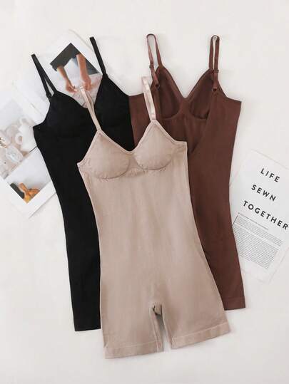 3PCS Apricot & Brown & Black Bodysuit Shapewear Tummy Control Butt Lift Backless Design Body Suit For Women