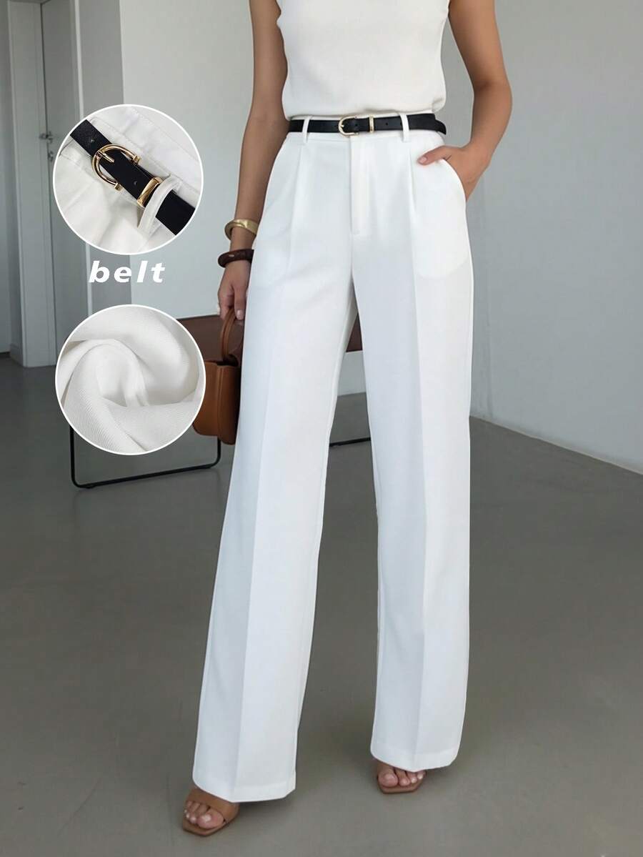 Women's High Waist White Wide Leg Pants With Pleated Details, Essential For Commuting And Everyday Wear (With Belt) - White - View 1