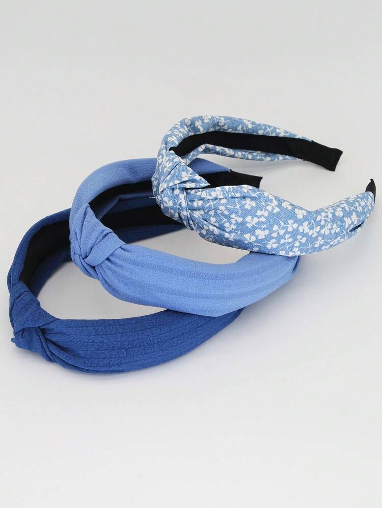 3条蓝色布艺碎花纯色防滑发箍，弧形设计，时尚发饰，适合日常佩戴、户外活动、洗脸、化妆，可用作休闲发饰、发型工具、美容配件、卷发配件、发箍/发圈 - 藍色 - 查看 4