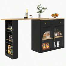 Extendable Bar Table With Storage (138-204*39*104cm), 360° Swivel Bar Table, Modern Mobile Bar Table, High Kitchen/Bistro Island Table, Sideboard With Shelves And Display Case, Black - Black - View 8