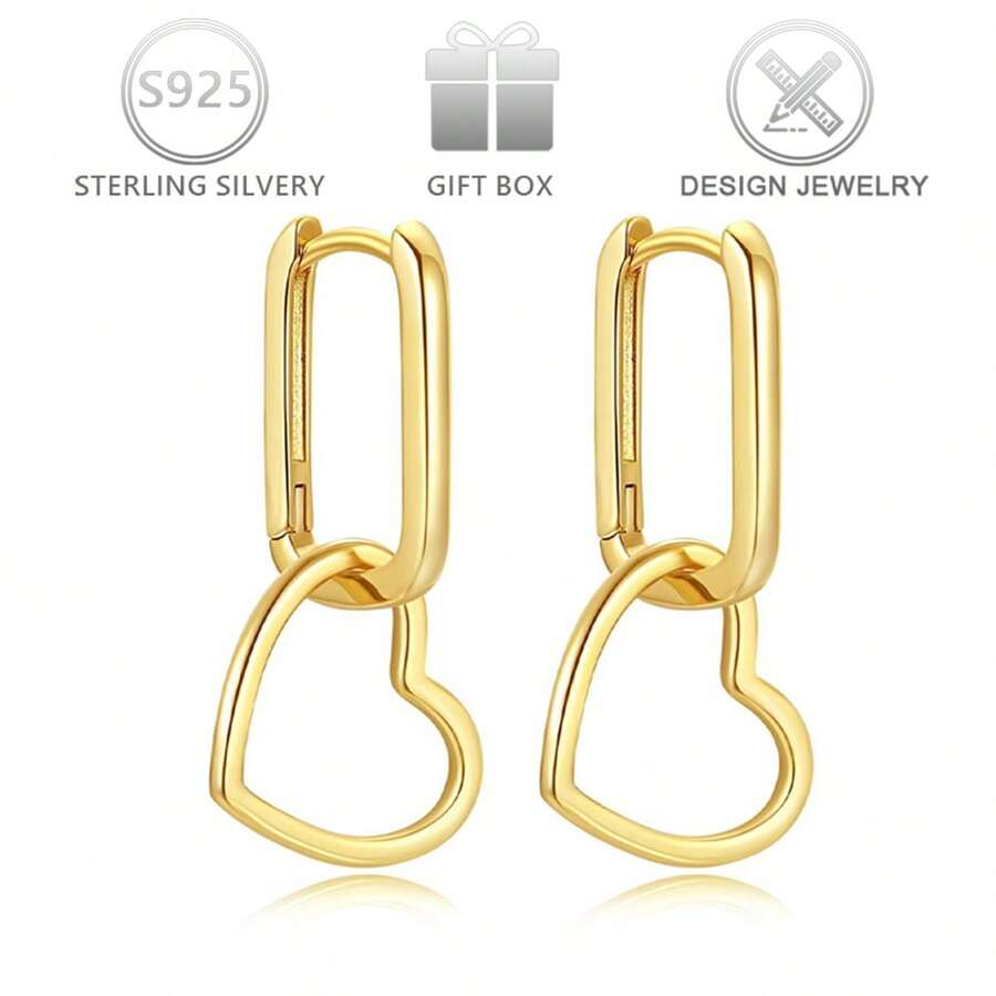 1 Pair 925 Sterling Silver Minimalist Geometric Design Reversible Heart Pendant Earrings, Suitable For Daily, Casual, Vacation, Holiday, Birthday, Valentine's Day Gift - Gold - View 1