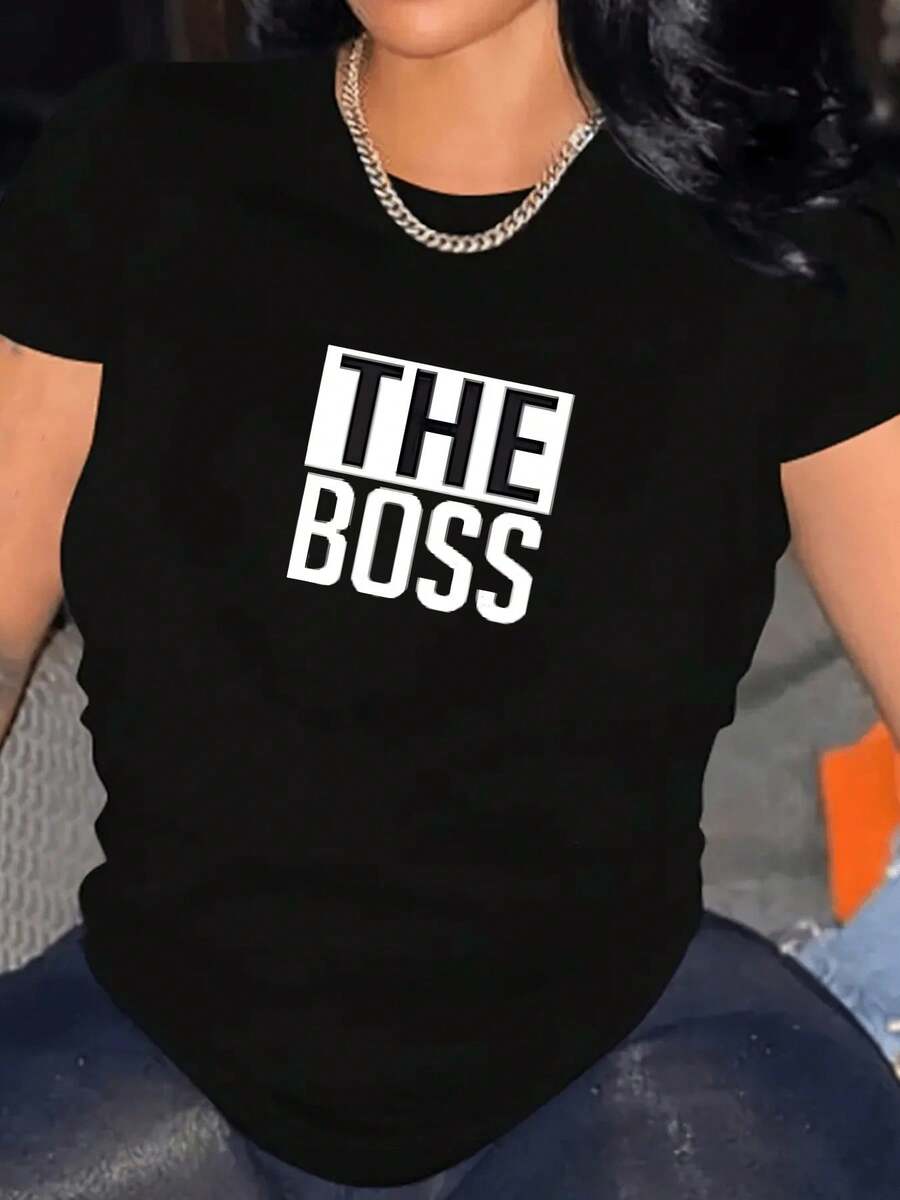 Women's Men's 1pcs 100% Pure Cotton Slim Fit Short Sleeve T-Shirt Black And White Color Block "THE BOSS" Print Suitable For Workplace Commuting, B... - 黑色 - 查看 1