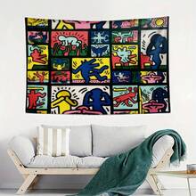 1pc Bedroom Decor Keith Haring Colorful Cartoon Figures Grid Pattern Tapestry, Decorative Wall Hanging Tapestry For Bedroom, Lotus Spiritual Tapestry, Beach Mat, College Dorm Home Decor Hanging Cloth Gifts Birthday Graduation - 1PC - 查看 3